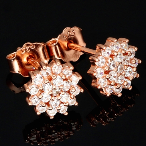 Rose vergoldete Ohrstecker mit leuchtenden Zirkonia (Diamant-Imitation-Steine, Brillantschliff) aus edlem 925er Silber