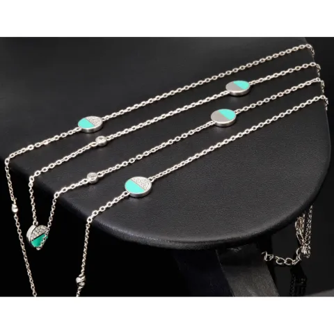 Zweireihige Layer-Kette mit außergewöhnlichem Design aus 925er Sterling Silber rhodiniert, besetzt mit funkelnden Zirkoniasteinen in Pave- und Zargenfassungen (Diamantimitationen) - Länge verstellbar ca- 45- 50cm