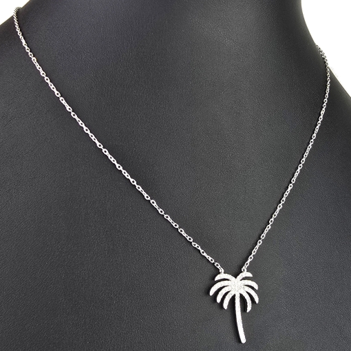 Stylische Palmen-Kette mit 62 leuchtenden Zirkonia-Steinen, 0,31 ct – 925 Sterling Silber poliert und rhodiniert - Länge verstellbar 45-50 cm