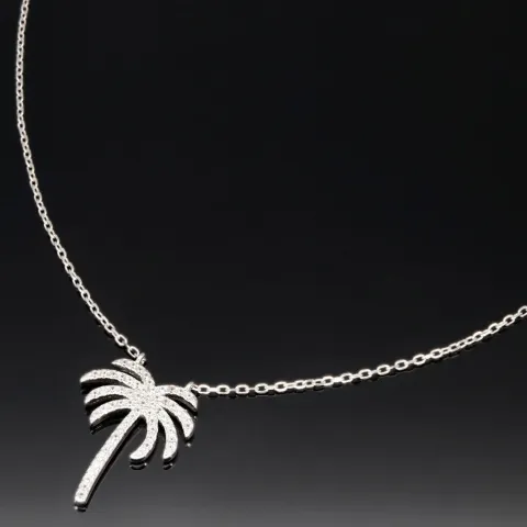 Stylische Palmen-Kette mit 62 leuchtenden Zirkonia-Steinen, 0,31 ct – 925 Sterling Silber poliert und rhodiniert - Länge verstellbar 45-50 cm