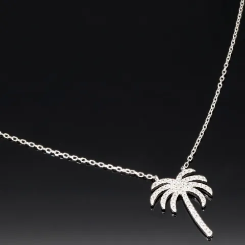 Stylische Palmen-Kette mit 62 leuchtenden Zirkonia-Steinen, 0,31 ct – 925 Sterling Silber poliert und rhodiniert - Länge verstellbar 45-50 cm