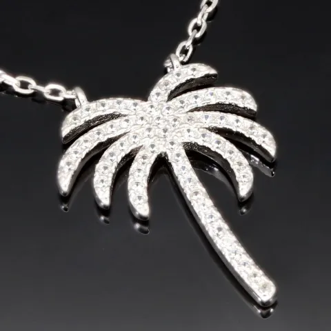 Stylische Palmen-Kette mit 62 leuchtenden Zirkonia-Steinen, 0,31 ct – 925 Sterling Silber poliert und rhodiniert - Länge verstellbar 45-50 cm