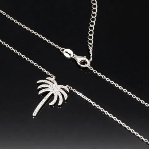 Stylische Palmen-Kette mit 62 leuchtenden Zirkonia-Steinen, 0,31 ct – 925 Sterling Silber poliert und rhodiniert - Länge verstellbar 45-50 cm