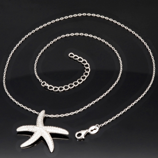 Maritime Seestern-Kette mit vielen kleinen, funkelnden Zirkonia-Steinen (Diamatimitate, Brillantschliff) aus 925 Sterling Silber poliert und rhodiniert - Länge verstellbar 45-50 cm