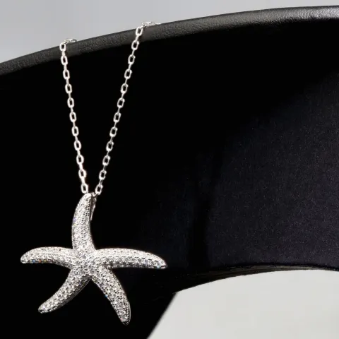 Maritime Seestern-Kette mit vielen kleinen, funkelnden Zirkonia-Steinen (Diamatimitate, Brillantschliff) aus 925 Sterling Silber poliert und rhodiniert - Länge verstellbar 45-50 cm