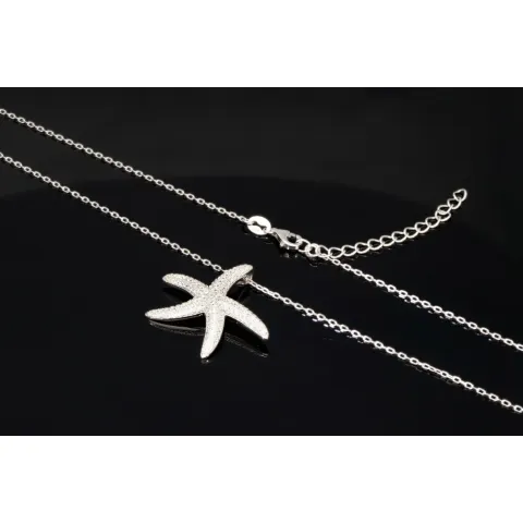 Maritime Seestern-Kette mit vielen kleinen, funkelnden Zirkonia-Steinen (Diamatimitate, Brillantschliff) aus 925 Sterling Silber poliert und rhodiniert - Länge verstellbar 45-50 cm