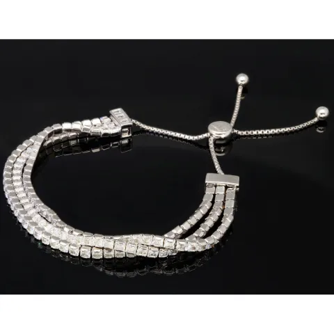 Dreireihiges Zirkonia-Armband / Zugarmband (Diamantimitationen, Brillantschliff) aus 925er Sterling Silber – filigran, funkelnd & längenverstellbar (ca. 16–21 cm) - mit ca. 140 fein eingearbeiteten Zirkoniasteinen (Diamantimitationen, Brillantschliff)