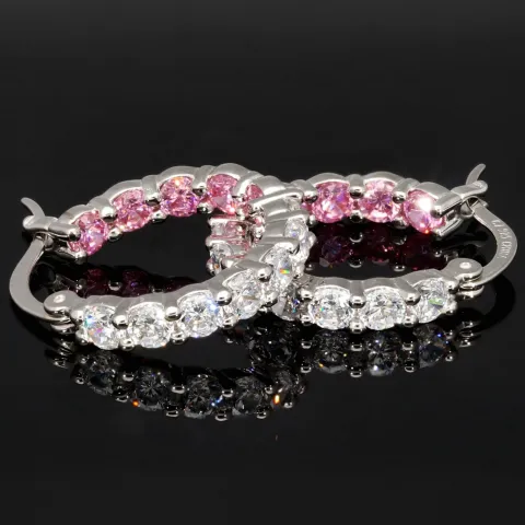 Trendige Creolen / Ohrringe aus 925er Silber, rhodiniert und hochglanzpoliert, veredelt mit weißen und rosa Zirkonia-Steinen im Brillantschliff (Diamantimitationen)