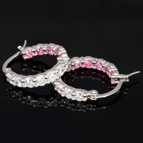 Trendige Creolen / Ohrringe aus 925er Silber, rhodiniert und hochglanzpoliert, veredelt mit weißen und rosa Zirkonia-Steinen im Brillantschliff (Diamantimitationen)
