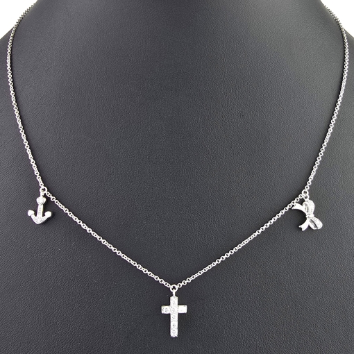 Stilvolle Halskette aus rhodiniertem 925er Silber mit eingearbeiteten Charms (Kreuz, Schleife und Anker) mit Zirkoniasteinen besetzt (Diamantimitationen), ca. 42-45 länge verstellbar