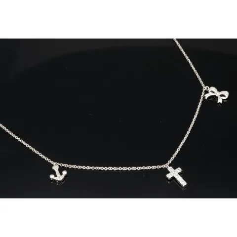 Stilvolle Halskette aus rhodiniertem 925er Silber mit eingearbeiteten Charms (Kreuz, Schleife und Anker) mit Zirkoniasteinen besetzt (Diamantimitationen), ca. 42-45 länge verstellbar