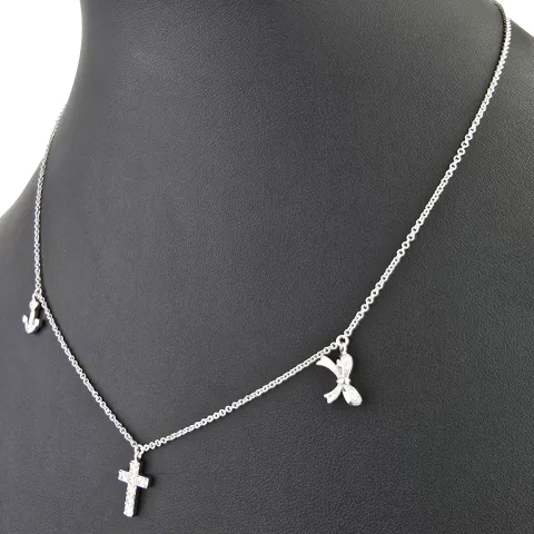 Stilvolle Halskette aus rhodiniertem 925er Silber mit eingearbeiteten Charms (Kreuz, Schleife und Anker) mit Zirkoniasteinen besetzt (Diamantimitationen), ca. 42-45 länge verstellbar