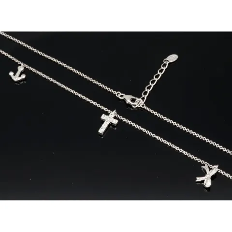 Stilvolle Halskette aus rhodiniertem 925er Silber mit eingearbeiteten Charms (Kreuz, Schleife und Anker) mit Zirkoniasteinen besetzt (Diamantimitationen), ca. 42-45 länge verstellbar