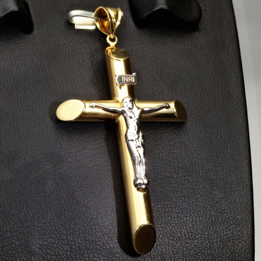 Größerer Kreuzanhänger „Jesus Christus“ Kreuz aus 585er (14 Karat) Bicolor-Gold