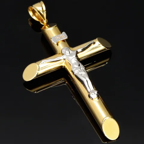 Größerer Kreuzanhänger „Jesus Christus“ Kreuz aus 585er (14 Karat) Bicolor-Gold