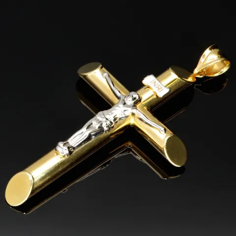 Größerer Kreuzanhänger „Jesus Christus“ Kreuz aus 585er (14 Karat) Bicolor-Gold
