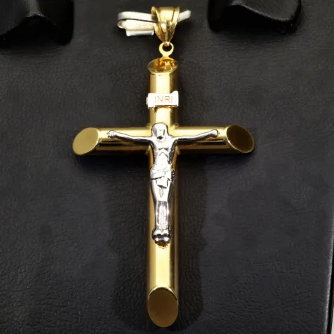 Größerer Kreuzanhänger „Jesus Christus“ Kreuz aus 585er (14 Karat) Bicolor-Gold