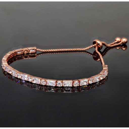 Exquisites 925er Silberarmband, rosévergoldet für Damen mit Zirkoniabesatz im Baguette- und Diamantschliff – Armband längenverstellbar von ca. 16-24 cm