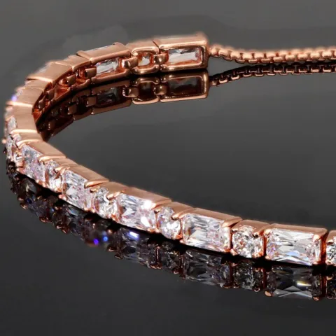 Exquisites 925er Silberarmband, rosévergoldet für Damen mit Zirkoniabesatz im Baguette- und Diamantschliff – Armband längenverstellbar von ca. 16-24 cm