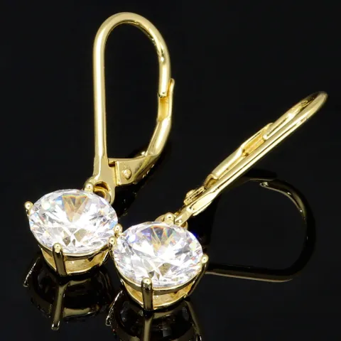 Hochwertig produzierte Ohrringe aus glänzendem 925er Sterling Silber, vergoldet und besetzt mit leuchtenden Zirkonia-Steinen im Brillantschliff (Diamantimitationen)