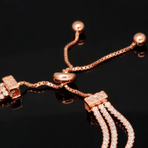 Dreireihiges Zirkonia-Armband / Zugarmband aus rosévergoldetem 925er Sterlingsilber – filigran, funkelnd & längenverstellbar (ca. 16–22 cm) - mit ca. 280 fein eingearbeiteten Zirkoniasteinen (Diamantimitationen, Brillantschliff)