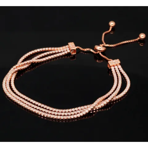 Dreireihiges Zirkonia-Armband / Zugarmband aus rosévergoldetem 925er Sterlingsilber – filigran, funkelnd & längenverstellbar (ca. 16–22 cm) - mit ca. 280 fein eingearbeiteten Zirkoniasteinen (Diamantimitationen, Brillantschliff)