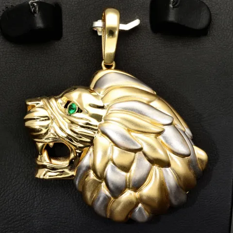 XL Löwenkopf-Anhänger aus edlem Bicolor 585er / 14K Gold (Gelbgold und Weißgold) mit leuchtend grünem Zirkonia (ca. 9,5 g)