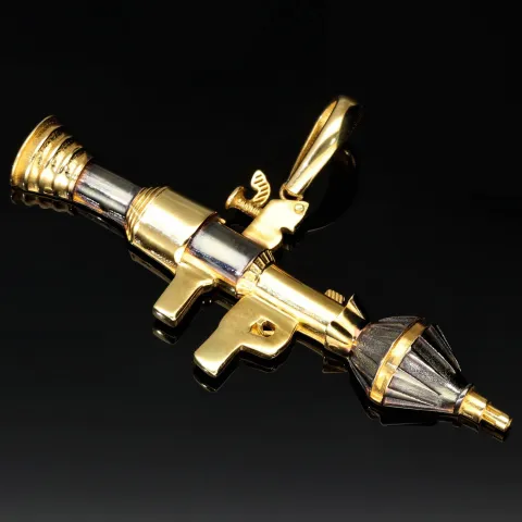Glänzender Raketenwerfer, Panzerfaust, Bazooka-Anhänger aus hochwertigem Bicolor 585 / 14K Gold (Gelbgold und Weißgold)