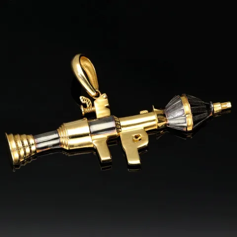 Glänzender Raketenwerfer, Panzerfaust, Bazooka-Anhänger aus hochwertigem Bicolor 585 / 14K Gold (Gelbgold und Weißgold)