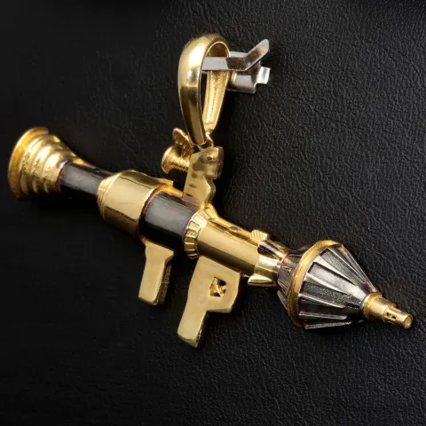 Glänzender Raketenwerfer, Panzerfaust, Bazooka-Anhänger aus hochwertigem Bicolor 585 / 14K Gold (Gelbgold und Weißgold)