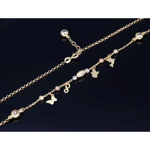 Glänzende Ankerkette mit fantasievollen Elementen aus hochwertigem 585 14k Gold mit Zirkoniabesatz (längenverstellbar von 45cm-ca. 47,5cm)
