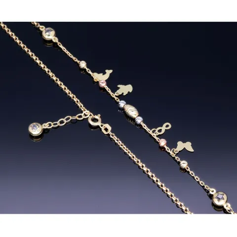 Glänzende Ankerkette mit fantasievollen Elementen aus hochwertigem 585 14k Gold mit Zirkoniabesatz (längenverstellbar von 45cm-ca. 47,5cm)