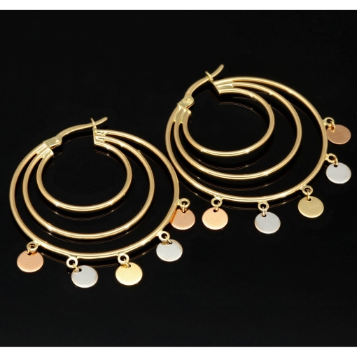 Tricolor Creolen – Dreifachreifen mit schimmernden, beweglichen Plättchen aus 585er 14K Gold (Gelbgold, Roségold und Weißgold)
