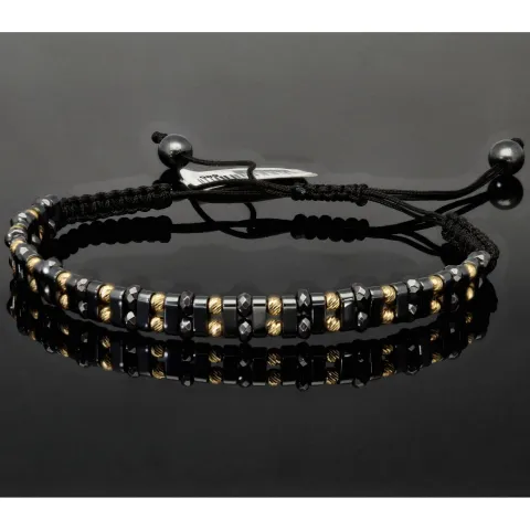 Trendiges, längenverstellbares Kugel Zug-Armband mit 26 Goldperlen in hochwertigem 585 14K und schwarzen Beads (ca. 17-23 cm )