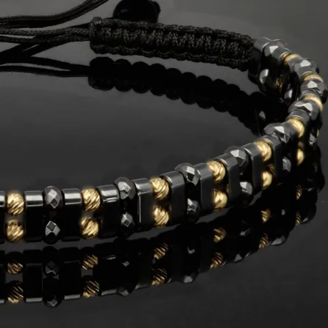 Trendiges, längenverstellbares Kugel Zug-Armband mit 26 Goldperlen in hochwertigem 585 14K und schwarzen Beads (ca. 17-23 cm )