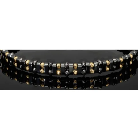 Trendiges, längenverstellbares Kugel Zug-Armband mit 26 Goldperlen in hochwertigem 585 14K und schwarzen Beads (ca. 17-23 cm )