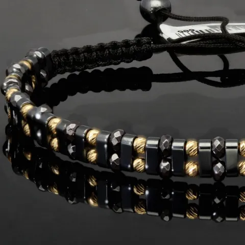 Trendiges, längenverstellbares Kugel Zug-Armband mit 26 Goldperlen in hochwertigem 585 14K und schwarzen Beads (ca. 17-23 cm )