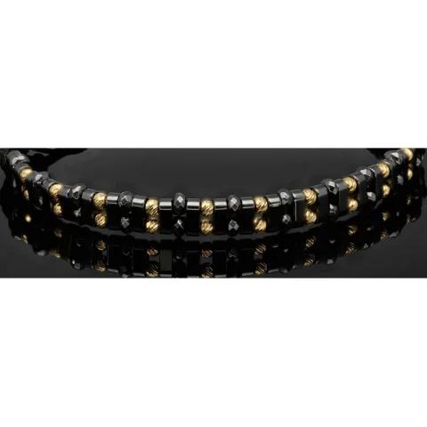 Trendiges, längenverstellbares Kugel Zug-Armband mit 26 Goldperlen in hochwertigem 585 14K und schwarzen Beads (ca. 17-23 cm )