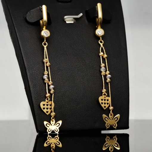 Glänzende Bicolor-Ohrhänger aus 14K 585 Gold (Gelbgold und Weißgold) mit Herz- & Schmetterlingsmotiv und Zirkoniabesatz