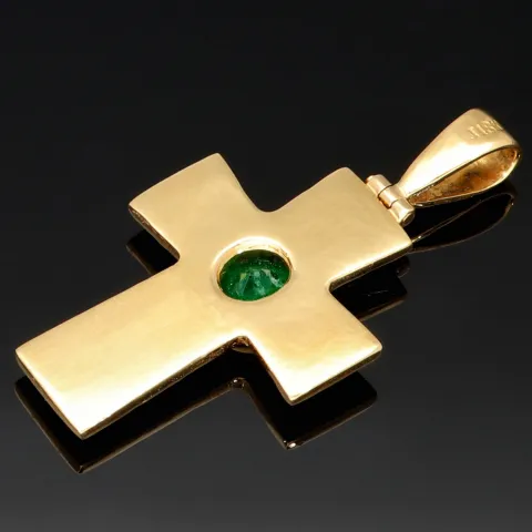 Kreuz-Anhänger mit eingefassten, funkelnden, tannengrünen Smaragd im Ovalchliff (ca. 0,4 ct.) in hochwertigem Gold (750 18K Gelbgold) - Handgefertigt