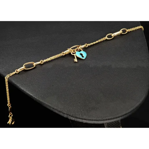 Goldarmband mit doppelter Kette & Charms aus 14K 585 Gelbgold mit Zirkonia– ca. 20 cm – Herz & Schlüssel