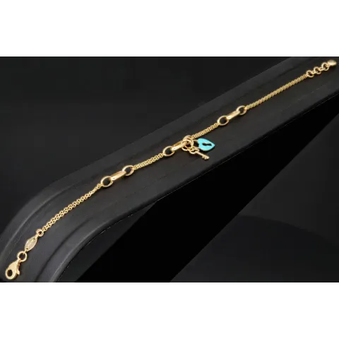 Goldarmband mit doppelter Kette & Charms aus 14K 585 Gelbgold mit Zirkonia– ca. 20 cm – Herz & Schlüssel