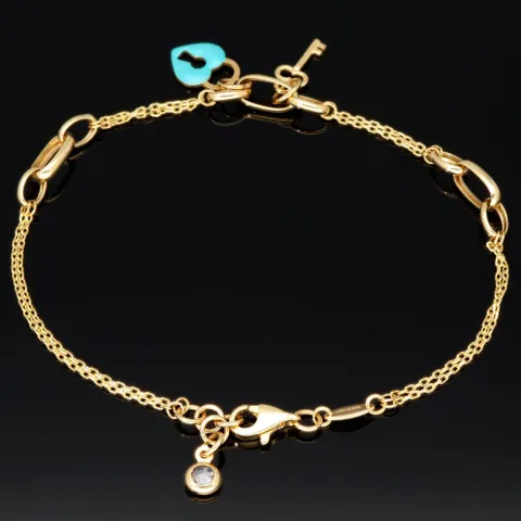Goldarmband mit doppelter Kette & Charms aus 14K 585 Gelbgold mit Zirkonia– ca. 20 cm – Herz & Schlüssel