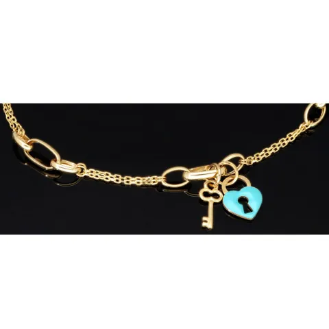 Goldarmband mit doppelter Kette & Charms aus 14K 585 Gelbgold mit Zirkonia– ca. 20 cm – Herz & Schlüssel