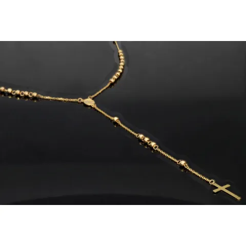 Edle Rosenkranz Y-Kette mit kleinem Amulett und Kreuzanhänger in hochwertigem 14K / 585 Gelbgold