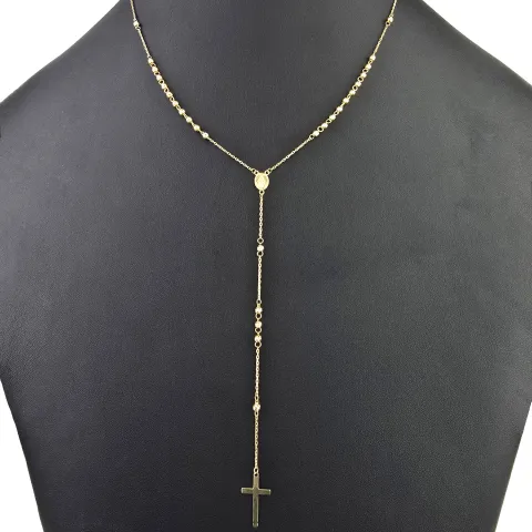 Edle Rosenkranz Y-Kette mit kleinem Amulett und Kreuzanhänger in hochwertigem 14K / 585 Gelbgold