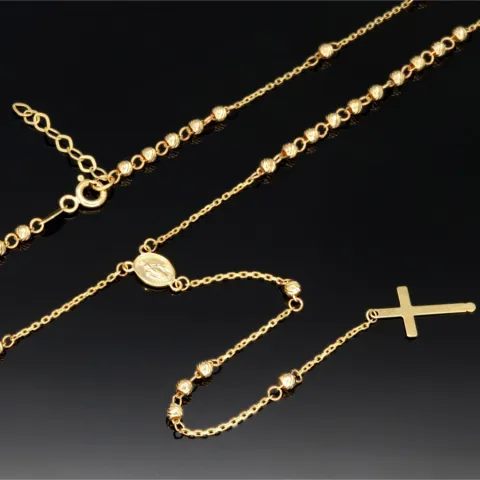 Edle Rosenkranz Y-Kette mit kleinem Amulett und Kreuzanhänger in hochwertigem 14K / 585 Gelbgold