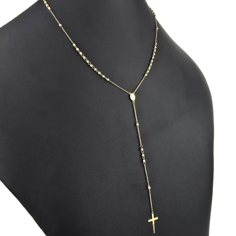 Edle Rosenkranz Y-Kette mit kleinem Amulett und Kreuzanhänger in hochwertigem 14K / 585 Gelbgold