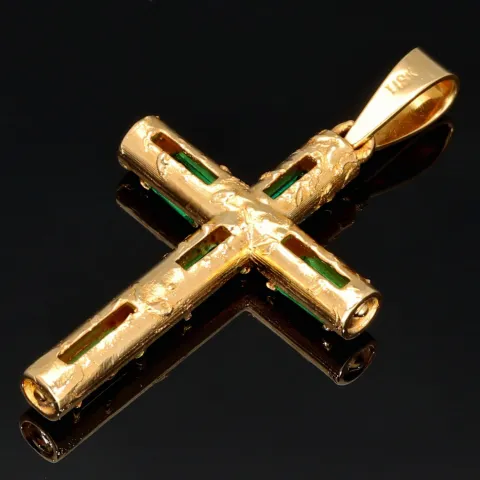 Handgearbeiteter kolumbianischer Kreuzanhänger mit 6 funkelnden, leuchtend grünen, eingefassten Smaragden. Modern und zugleich zeitlos. (750er 18K Gold)