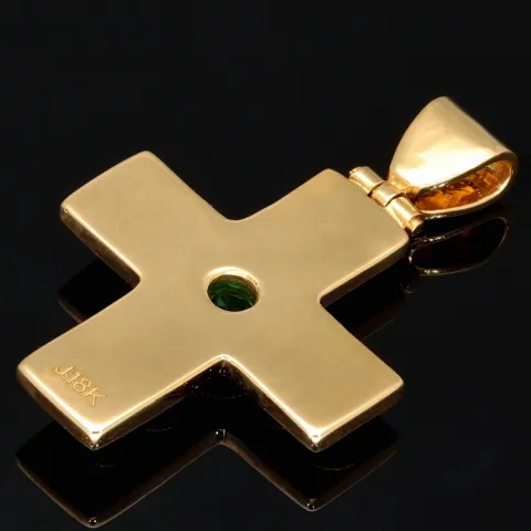 Massiver Kreuz-Anhänger mit eingefassten, funkelnden, kolumbianischen Smaragd in aufwendigem Rundschliff (ca. 0,29 ct.) in edlem Gold (750 18K Gelbgold)